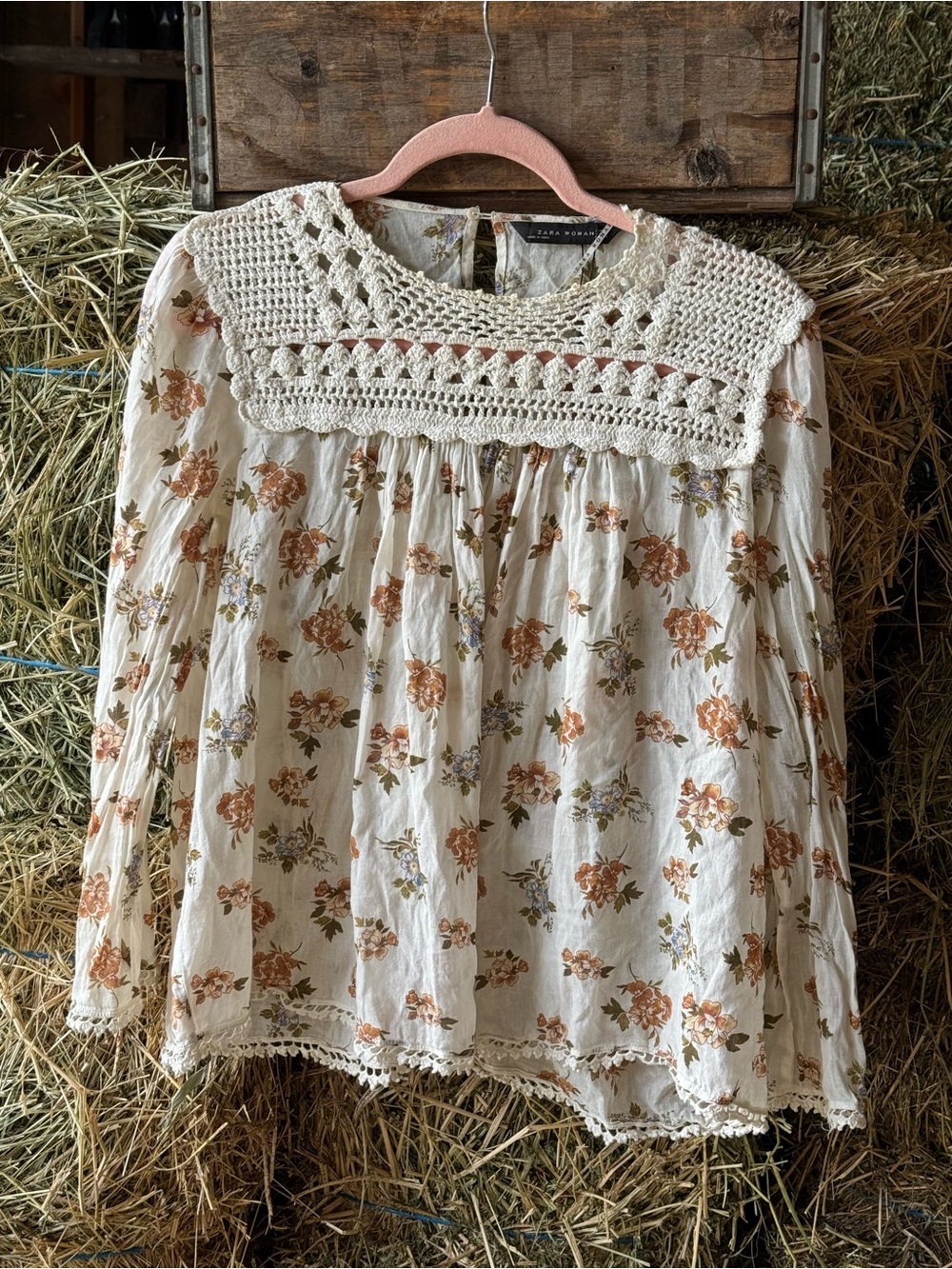 Zara Cream Blouse with Rust Floral Print and Crochet Yoke